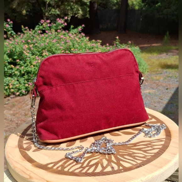 Hermes Bolide Large Red Cotton And Lambskin Leather Trim Convertible Pouch - Picture 1 of 16